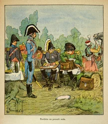 エマニュエル・ド・ラス・ケース伯爵（1766-1842）の著書「サン・ヘレネの記念碑」に掲載されたボンブル・ルイ（1862-1927）のイラスト。ナポレオンの命令をメモする牧童ルイ・アレクサンドル・ベルティエ（1753-1815）、コレクション・パーシャル