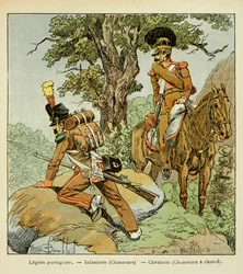 エマニュエル・デ・ラスカセス伯爵（1766-1842）の著書「サン・ヘレネの記念」に掲載されたボンブル・ルイ（1862-1927）のイラスト。ポルトガル軍団。歩兵（狩人）と騎兵（馬上の狩人）、個人蔵