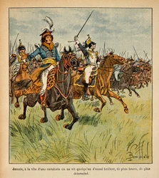 エマニュエル・ド・ラス・ケース伯爵（1766-1842）の著書『聖ヘレネの記念』に掲載されたボンブル・ルイ（1862-1927）のイラスト。騎兵隊の先頭で荷を積むヨアヒム・ムラット（1767-1815）、プライベート・コレクション