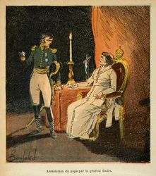 エマニュエル・デ・ラスカセス伯爵（1766-1842）の著書『聖ヘレネの記念』に掲載されたボンブル・ルイ（1862-1927）のイラスト：1809年、ラデ将軍（1762-1825）による教皇ピオ7世の逮捕、個人蔵