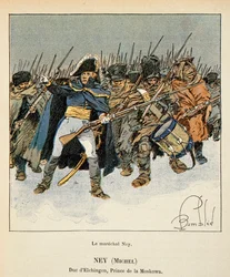 エマニュエル・デ・ラスカセス伯爵（1766-1842）の著書「聖ヘレネの記念」に掲載されたボンブル・ルイ（1862-1927）のイラスト。ロシア撤退中のエルチンゲン公爵、モスコヴァ公爵、ミシェル・ネイ侯爵（1769-1815）の肖像、Private Collec