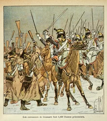 エマニュエル・ド・ラス・ケース伯爵（1766-1842）の著書「聖ヘレネの記念碑」に掲載されたボンブル・ルイ（1862-1927）のイラスト。ロシア遠征で1800人のロシア人を捕獲したDoumere大佐の第9連隊の戦艦、個人蔵