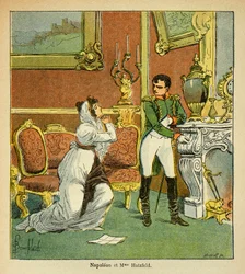 エマニュエル・ド・ラス・ケース伯爵（1766-1842）の著書「聖ヘレネの記念」からのボンブル・ルイ（1862-1927）のイラスト。皇帝ナポレオンのクレメンスがハッツフェルト王女に向かって、夫の恩寵を求める場面、プライベート・コレクション