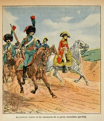 エマニュエル・ド・ラス・ケース伯爵（1766-1842）の著書「サント・ヘレネの記念碑」に掲載されたボンブル・ルイ（1862-1927）のイラスト。初代領事と領事警護隊の猟師たち、個人蔵