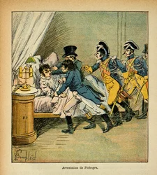 エマニュエル・ド・ラス・ケース伯爵（1766-1842）の著書「サント・ヘレネの記念碑」に掲載されたボンブル・ルイ（1862-1927）のイラスト。1804年2月28日のジャン・シャルル・ピケグル（1761-1804）の逮捕、プライベート・コレクション