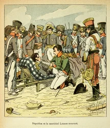 エマニュエル・ド・ラス・カース伯爵（1766-1842）の著書「The memorial se Sainte Helene」に掲載されているボンブル・ルイ（1862-1927）のイラスト。ジャン・ランヌ侯爵（1769-1809）の死、皇帝ナポレオンはコートを持っている、プライベート・コレクション
