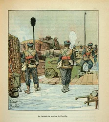ルイ・ボンブルド（1862-1927）が挿絵を描いたウジェーヌ・セルジェント（グレネスト）の『ロワールの軍隊』（独仏戦争、1870年から1871年のキャンペーン）。1870年12月のシュヴィリーの戦いにおける海兵隊の砲台、個人蔵