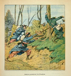 ルイ・ボンブルド（1862-1927）が挿絵を描いたウジェーヌ・セルジェント（グレネスト）の『ロワールの軍隊』（独仏戦争、1870年～1871年のキャンペーン）。1870年の戦争でプロシア軍を追撃するフランス兵、個人蔵