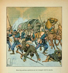 ルイ・ボンブルド（1862-1927）が絵を描いたグルネストことウジェーヌ・セルジェントの「ロワールの軍隊」（独仏戦争、1870年から1871年のキャンペーン）。第43軍の中隊によるプロシア軍の救急車の奪取、個人蔵