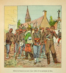 ルイ・ボンブルド（1862-1927）が挿絵を描いたウジェーヌ・セルジェント（グレネスト）の『ロワール軍』（独仏戦争、1870年から1871年のキャンペーン）。メスの降伏の場合を読むロワール軍の兵士たち、コレクション・パーシャル