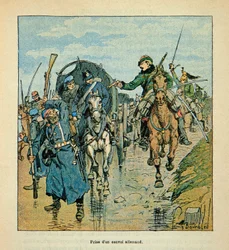 ルイ・ボンブルド（1862-1927）が挿絵を描いたウジェーヌ・セルジェント（グレネスト）の「ロワールの軍隊」（独仏戦争、1870年から1871年のキャンペーン）。1870年の戦争におけるフランス軍によるドイツ軍輸送船団の捕獲、個人蔵