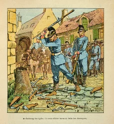 ルイ・ボンブルド（1862-1927）が絵を描いたグルネストことユージン・セルジェントの「ロワール軍」（独仏戦争、1870-1871年のキャンペーン）。1870年10月にオルレアン市を攻略した後、バイエルン人の副官が猟師を破った。(ライフルの左