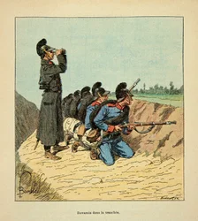 ルイ・ボンブルド（1862-1927）が挿絵を描いたグルネストことユージン・セルジュの「ロワールの軍隊」（独仏戦争、1870年～1871年のキャンペーン）。1870年、塹壕の中のバイエルン軍、個人蔵