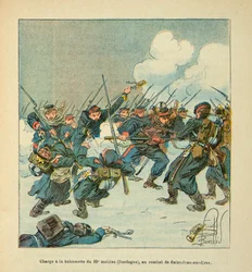 ルイ・ボンブルド（1862-1927）が描いたグルネストことウジェーヌ・セルジャンの「ロワールの軍隊」（独仏戦争、1870-1871年のキャンペーン）：1871年1月のサン・ジャン・シュル・エヴルの戦いにおける第22機動隊（ドルドーニュ）のバイオネットへの突撃、P。