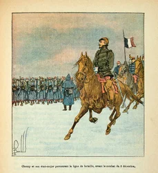 ルイ・ボンブルド（1862-1927）が挿絵を描いたグルネストことウジェーヌ・セルジェントの「ロワールの軍隊」（独仏戦争、1870年から1871年のキャンペーン）。1870年12月8日の戦闘の前に戦線を移動するチャンジー将軍とスタッフ、プライベート・コレクション