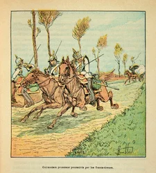 ルイ・ボンブルド（1862-1927）が挿絵を描いたグルネストことウジェーヌ・セルジェントの「ロワールの軍隊」（独仏戦争、1870年から1871年のキャンペーン）。1870年10月、フライシストに追われるプロイセンの騎兵隊、個人蔵