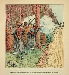 ルイ・ボンブルド（1862-1927）が絵を描いたグルネストことユージン・セルジェントの「ロワールの軍隊」（独仏戦争、1870-1871年のキャンペーン）。オルレアン戦争では、教皇派のズエーヴがオルレアンの森を通って撤退し、バイエルン軍をチェスで押さえ込んでいた。