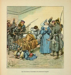 ルイ・ボンブルド（1862-1927）が挿絵を描いたグルネストことウジェーヌ・セルジェントの「ロワール軍」（独仏戦争、1870年から1871年のキャンペーン）。1871年1月、マンのネグリエ大通りの救急車に乗ったプロシア軍、個人蔵