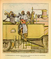 ルイ・ボンブルド（1862-1927）が描いた「グルネストことユージン・セルジュの東部軍」（独仏戦争、1870-1871年のキャンペーン）。1870年12月、ラヴァレ大佐とブラマス中佐が機関車に乗ってソーヌ川のほとりに現れた。