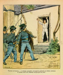 グルネストとして知られるウジェーヌ・セルジャン著『東部軍』、ルイ・ボンブレ（1862-1927）挿絵（普仏戦争、1870-1871年の戦役）：1870年11月、シャティヨン・シュル・セーヌでミシャール大尉がオテル・ド・ラ・コート・ドールにいたドイツ軍の会計将校を捕らえた。