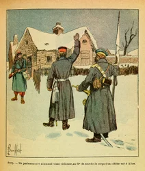 ルイ・ボンブルド（1862-1927）が描いたウジェーヌ・セルジャン（グレネスト）の東部軍（独仏戦争、1870年から1871年のキャンペーン）。1871年1月-アルシー、ドイツの国会議員が第60回行進曲で、アイブルで殺された将校の遺体を取り戻しに来る。