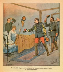 ルイ・ボンブルド（1862-1927）が描いた「グレネストことユージン・セルジュの東部軍」（独仏戦争、1870-1871年のキャンペーン）。デ・ビゴ大佐は、1870年のVoujeaucourtの戦いの後、レジオンドヌール勲章の十字架をフオット大尉に持参した。