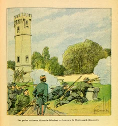 ウジェーヌ・セルジャン、通称グルネストの東部軍、ルイ・ボンブレ（1862-1927年）による挿絵（普仏戦争、1870-1871年の戦役）：1870年10月のディジョン防衛、ディジョンの国民衛兵がモンミュザール高地を守る、個人蔵