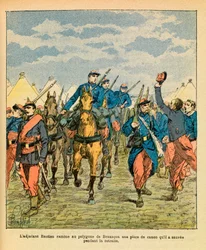 ルイ・ボンブルド（1862-1927）が描いたグルネストことユージン・セルジュの東部軍（独仏戦争、1870-1871年のキャンペーン）。第32連隊のバスチャン准尉は、ブザンソンのポリゴンでの戦闘中に保存しておいた大砲の破片を持ち帰った。