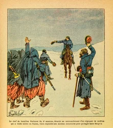 グルネストとして知られるウジェーヌ・セルジャン著『東部軍』、ルイ・ボンブレ（1862-1927）挿絵（普仏戦争、1870-1871年の戦役）：第4ズアーヴ連隊バルブレ大隊の指揮官は、望んでいた機動衛兵連隊を指揮するため派遣される
