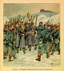 ルイ・ボンブルド（1862-1927）が描いた、グルネストとして知られるユージン・セルジュの東部軍（独仏戦争、1870-1871年のキャンペーン）。1871年2月、La Cluseでの最後の戦いで、第29軍のJasinsky中尉は35人の捕虜を獲得し、Priv.