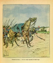 ルイ・ボンブルド（1862-1927）が描いたグルネストと呼ばれるユージン・セルジュの東部軍（独仏戦争、1870年から1871年のキャンペーン）。1870年11月、ブラゼーの戦いの最中、撃墜されるプロイセン少佐のサンアンジュ、プライベート・コレクション
