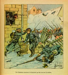 ルイ・ボンブルド（1862-1927）が描いた、グルネストと呼ばれるユージン・セルジュの東部軍（独仏戦争、1870年から1871年のキャンペーン）。1871年1月、ボンデヴァル村からズエーヴによって押し戻されるプロイセン軍 ラヴァリエール、プライベート・コレクション