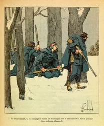ルイ・ボンブルド（1862-1927）が描いた、グルネストと呼ばれるユージン・セルジュの東部軍（独仏戦争、1870年～1871年のキャンペーン）。1871年1月、ヴィエット中隊の分隊が、ドイツ軍の隊列が通過するHerimoncourt付近で待ち伏せされる