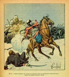 グレネストとして知られるウジェーヌ・セルジャンの東部軍、ルイ・ボンブレ（1862-1927）による挿絵（普仏戦争、1870-1871年の戦役）：1871年1月、ド・ヴェゼ大佐に仕える黒人騎兵が負傷したプロイセン将校にとどめを刺す、コレクション・パ