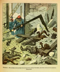 ルイ・ボンブルド（1862-1927）が描いた、グルネストと呼ばれるユージン・セルジュの東部軍（独仏戦争、1870年から1871年のキャンペーン）。1871年1月、ヴィレゼクスルの戦い、フランス兵がドイツ兵の遺体を家から運び出す、C二等兵