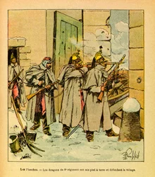 ルイ・ボンブルド（1862-1927）が描いた「グルネスト」と呼ばれるユージン・セルジュの東部軍（独仏戦争、1870年～1871年のキャンペーン）。Les Plches村では、第6連隊のドラゴンが村を守っている、コレクション部分