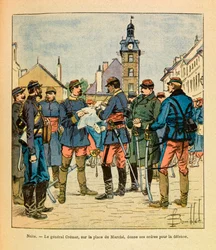 ルイ・ボンブルド（1862-1927）が描いた、グルネストと呼ばれるユージン・セルジュの東部軍（独仏戦争、1870年～1871年のキャンペーン）。ニュイ・サン・ジョルジュの戦い；マルシェ広場でクレメル将軍が防衛命令を下す（1870年12月、Pr