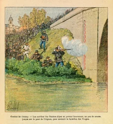 ルイ・ボンブルド（1862-1927）が描いた、グルネストとして知られるユージン・セルジュの東部軍（独仏戦争、1870-1871年のキャンペーン）。Les mobiles des Hautes Alpes lend a hand to the battalion of Vosges during the Cussey on the Ognon (dou