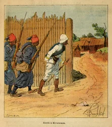 Henri Galli dit Galllichet (1854-1922)著、Louis Bombled (1862-1927)絵による「マダガスカルの戦争-1885-1895年のフランス遠征の逸話史」。1895年、メバタナ村に入るフランス軍、個人蔵