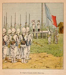 Henri Galli dit Galllichet (1854-1922)著、Louis Bombled (1862-1927)絵による「マダガスカルの戦争-1885-1895年のフランス遠征の逸話史」。1895年にマロヴォアで掲揚されたフランス国旗、個人蔵