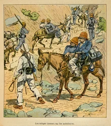 Henri Galli dit Galllichet (1854-1922)著、Louis Bombled (1862-1927)絵による「マダガスカルの戦争-1885-1895年のフランス遠征の逸話史」。マダガスカルのフォーチュン・アンビュランスでの腕の逃避行のエクロープス、プライベート・コレクション