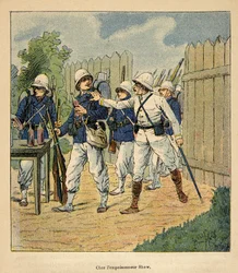 Henri Galli dit Galllichet (1854-1922)著、Louis Bombled (1862-1927)絵による「マダガスカルの戦争-1885-1895年のフランス遠征の逸話史」。1884年の毒殺者ショーのフランス軍（毒殺されたままのイギリス人メソジスト牧師がb