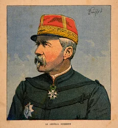 Henri Galli dit Galllichet (1854-1922)著、Louis Bombled (1862-1927)絵による「マダガスカルの戦争-1885-1895年のフランス遠征の逸話史」。フランス遠征軍総司令官デュシェーヌ将軍（1837-1918）の肖像