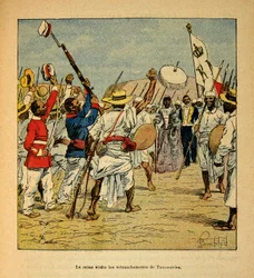 Henri Galli dit Galllichet (1854-1922)著、Louis Bombled (1862-1927)絵による「マダガスカルの戦争-1885-1895年のフランス遠征の逸話史」。1895年にタナナリヴの塹壕を訪れたラナバローナ女王、個人蔵