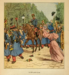 Henri Galli dit Galllichet (1854-1922)著、Louis Bombled (1862-1927)絵による「マダガスカルの戦争-1885-1895年のフランス遠征の逸話史」。1895年にマダガスカルへ向けてリヨンを出発する200番台の隊列、個人蔵