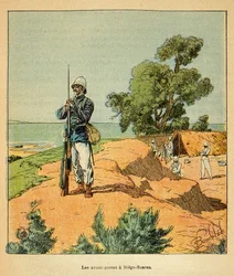 Henri Galli dit Galllichet (1854-1922)著、Louis Bombled (1862-1927)絵による『マダガスカルの戦争-1885-1895年のフランス遠征の逸話史』。1885年、マダガスカルのディエゴ・スアレスにあるフランス軍の前哨基地、個人蔵