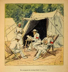 Henri Galli dit Galllichet (1854-1922)著、Louis Bombled (1862-1927)絵による「マダガスカルの戦争-1885-1895年のフランス遠征の逸話」。1895年のマダガスカルでの新聞記者の合宿風景、個人蔵
