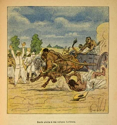 Henri Galli dit Galllichet (1854-1922)著、Louis Bombled (1862-1927)絵による「マダガスカルの戦争-1885-1895年のフランス遠征の逸話史」。Boeufs reached by cars Lefebvre, Private Collection