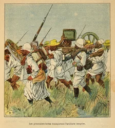 Henri Galli dit Galllichet (1854-1922)著、Louis Bombled (1862-1927)絵による「マダガスカルの戦争-1885-1895年のフランス遠征の逸話史」。砲弾の運搬に使われた囚人用ホヴァ、個人蔵