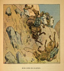 Henri Galli dit Galllichet（1854-1922）著、Louis Bombled（1862-1927）絵による「マダガスカルの戦争-1885-1895年のフランス遠征の逸話史」。断崖絶壁に落ちる軍事護衛隊のミュール、Particular Collection